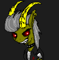 Size: 705x716 | Tagged: safe, artist:damset, imported from derpibooru, oc, oc only, oc:anarchy, bicorn, choker, clothes, horn, looking at you, ms paint, multiple horns, pixel art, punk, red sclera, simple background, solo