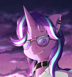 Size: 3000x3200 | Tagged: safe, artist:nihithebrony, imported from derpibooru, starlight glimmer, pony, unicorn, aviator sunglasses, belt, clothes, cloud, cloudy, colored background, female, glasses, grin, high res, looking at you, mare, outdoors, purple background, purple eyes, simple background, smiling, smiling at you, smug, solo, stars, sunglasses, vest