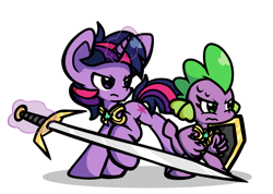 Size: 3642x2596 | Tagged: safe, artist:derp pone, imported from derpibooru, spike, twilight sparkle, dragon, pony, unicorn, armor, barb, dragoness, duo, dusk shine, female, horn, looking offscreen, magic, male, nervous, royal guard, rule 63, shield, simple background, stallion, sweat, sword, telekinesis, unicorn twilight, weapon, white background