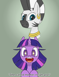 Size: 1500x1940 | Tagged: safe, artist:happy harvey, imported from derpibooru, twilight sparkle, zecora, pony, unicorn, zebra, cute, dork, drawthread, ear piercing, earring, excited, female, grin, happy, horn, jewelry, mare, neck rings, necklace, open mouth, phone drawing, piercing, racial slur, slur, smiling, starry eyes, unicorn twilight, uvula, wingding eyes