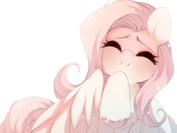 Size: 1024x768 | Tagged: safe, artist:loyaldis, imported from derpibooru, fluttershy, pegasus, pony, bust, chest fluff, crying, eyes closed, female, full face view, mare, raised hoof, simple background, smiling, solo, teary eyes, unshorn fetlocks, white background, wings