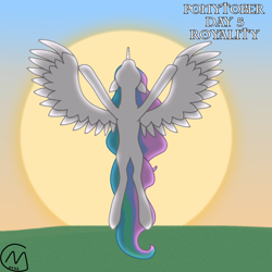 Size: 3200x3200 | Tagged: safe, artist:maître cervidé, imported from derpibooru, princess celestia, alicorn, pony, flying, ponytober, sun, sunrise