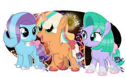 Size: 1134x704 | Tagged: safe, artist:nightlightartz, imported from derpibooru, earth pony, pegasus, pony, unicorn, spoiler:my little pony: make your mark chapter 2, bow, female, filly, foal, g4, g5, g5 to g4, generation leap, glory (g5), looking at someone, my little pony: make your mark, my little pony: make your mark chapter 2, open mouth, open smile, peach fizz, pippsqueak trio, pippsqueaks, seashell (g5), smiling, tail, tail bow, trio, trio female, unshorn fetlocks