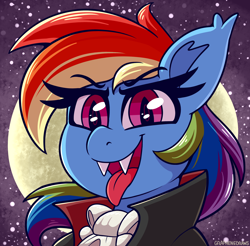 Size: 3000x2950 | Tagged: safe, artist:graphene, imported from derpibooru, rainbow dash, bat pony, pony, undead, vampire, cape, clothes, fangs, female, full moon, halloween, holiday, looking at you, mare, moon, multicolored mane, night, night sky, open mouth, sky, slit eyes, solo, stars, tongue out