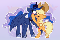 Size: 3000x2000 | Tagged: safe, artist:nekro-led, imported from derpibooru, applejack, princess luna, alicorn, earth pony, pony, applebutt, bipedal, blushing, butt, cowboy hat, cute, duo, ears back, eyes closed, female, hairband, hat, kiss on the lips, kissing, lesbian, lunajack, mare, plot, scrunchy face, shipping, spread wings, surprise kiss, surprised, wings
