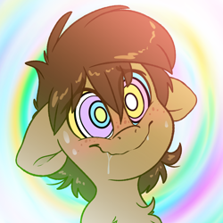 Size: 2000x2000 | Tagged: safe, artist:fluffyxai, imported from derpibooru, oc, oc only, oc:spirit wind, earth pony, abstract background, chest fluff, drool, drool on mouth, fetish, freckles, hypno eyes, hypnosis, hypnosis fetish, hypnotized, kaa eyes, male, solo, stallion, sweat, sweatdrop