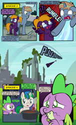 Size: 1920x3168 | Tagged: safe, artist:alexdti, imported from derpibooru, spike, oc, oc:brainstorm (alexdti), oc:purple creativity, oc:star logic, dragon, pegasus, pony, unicorn, comic:quest for friendship, sparkle's seven, uprooted, about to cry, dialogue, ears back, female, flying, folded wings, glasses, glowing, glowing horn, high res, hooves, horn, magic, male, mare, misspelling, narrowed eyes, open mouth, open smile, outdoors, pegasus oc, pinpoint eyes, raised hoof, raised leg, smiling, speech bubble, spoon, spread wings, stallion, standing, telekinesis, twinkle in the sky, underhoof, unicorn oc, wavy mouth, wings