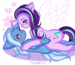 Size: 2964x2576 | Tagged: safe, artist:monstrum, imported from derpibooru, starlight glimmer, trixie, pony, unicorn, cute, female, heart, hug, lesbian, magic, shipping, startrix