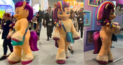 Size: 1156x612 | Tagged: safe, imported from derpibooru, sunny starscout, anthro, earth pony, human, pony, 2022, bag, brand licensing europe, fursuit, g5, irl, irl human, mane stripe sunny, mascot, mascot costume, multiple angles, official, photo, reference sheet, side view, smiling, tail