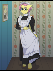 Size: 1920x2560 | Tagged: safe, artist:whitequartztheartist, imported from derpibooru, fluttershy, anthro, pegasus, unguligrade anthro, alternate hairstyle, anime reference, clothes, dress, emma, emma (manga), female, fluttermaid, glasses, looking at you, maid, mirror, solo, wings