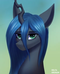 Size: 1750x2120 | Tagged: safe, artist:delta hronum, imported from derpibooru, queen chrysalis, changeling, changeling queen, bust, female, gradient background, lidded eyes, looking at you, mare, simple background, solo, tired, unamused