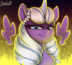 Size: 970x880 | Tagged: safe, artist:llametsul, imported from derpibooru, opaline arcana, alicorn, pony, spoiler:g5, spoiler:my little pony: make your mark, colored, disgusted, female, fire, floating wings, frown, g5, looking at you, looking down, looking down at you, mare, my little pony: make your mark, signature, solo, wings