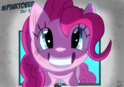 Size: 1754x1240 | Tagged: safe, artist:mrkat7214, imported from derpibooru, part of a set, pinkie pie, earth pony, pony, adoracreepy, breaking the fourth wall, creepy, cute, female, grin, looking at you, mare, monitor, pinkie being pinkie, smiling, solo