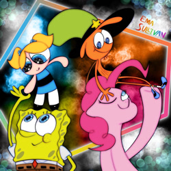 Size: 1280x1280 | Tagged: safe, artist:ema0rsully, imported from derpibooru, pinkie pie, earth pony, human, bubbles (powerpuff girls), crossover, crossover nexus, dimensional shenanigans, mass crossover, spongebob squarepants, the powerpuff girls, wander (wander over yonder), wander over yonder