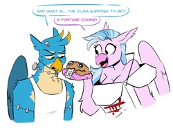 Size: 1340x996 | Tagged: safe, artist:redxbacon, imported from derpibooru, gallus, silverstream, anthro, griffon, hippogriff, my little pony: the movie, blue fur, breasts, chinese takeout container, clam, cleavage, clothes, cookie, costume, dialogue, duo, feathered wings, food, frankenstein's monster, fur, gallus has a tiny dick, holding, long hair, nightmare night costume, open mouth, purple fur, stitches, talking, text, wings