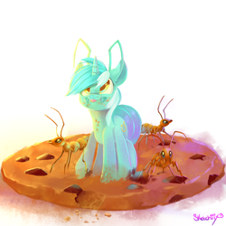 Size: 1280x1280 | Tagged: safe, artist:sketchiix3, imported from derpibooru, lyra heartstrings, ant, ant pony, hybrid, insect, original species, pony, unicorn, :p, abdomen, antennae, cookie, female, food, horn, insectified, lyrant, mandibles, mare, micro, six legs, six-legged pony, solo, species swap, tongue out