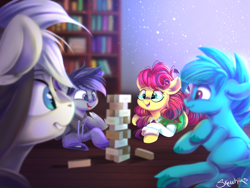 Size: 3030x2283 | Tagged: safe, artist:sketchiix3, imported from derpibooru, oc, oc only, earth pony, pony, bookshelf, clothes, glasses, hoodie, jenga