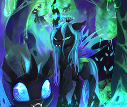 Size: 2387x2008 | Tagged: safe, artist:sketchiix3, imported from derpibooru, queen chrysalis, changeling, changeling queen, changeling hive, cocoon, crown, cute, cuteling, fangs, female, glowing, glowing horn, horn, jewelry, lidded eyes, looking at you, raised hoof, regalia, smiling