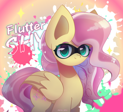 Size: 2300x2100 | Tagged: safe, artist:miryelis, imported from derpibooru, fluttershy, pegasus, pony, colored, crossover, looking at you, mask, smiling, smiling at you, solo, splatoon, standing, text, wings