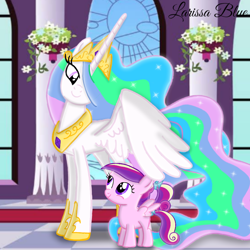 Size: 900x900 | Tagged: safe, artist:mlplary6, imported from derpibooru, princess cadance, princess celestia, alicorn, pegasus, pony, aunt and niece, cute, cutedance, cutelestia, duo, duo female, female, filly, filly cadance, foal, mare, momlestia, pegasus cadance, smiling, young cadance, younger
