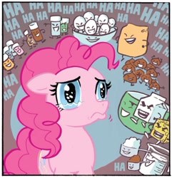 Size: 750x779 | Tagged: safe, artist:carla speed mcneil, idw, imported from derpibooru, pinkie pie, earth pony, pony, friends forever, spoiler:comic, bowl, cheese, egg, female, flour sack, food, laughing, mare, measuring cup, milk carton, mixing bowl, panic, sad, solo, teary eyes