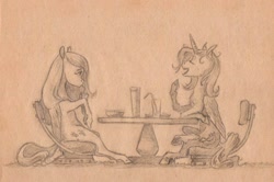 Size: 1000x662 | Tagged: safe, artist:adeptus-monitus, imported from derpibooru, fluttershy, trixie, alicorn, pegasus, pony, alicornified, drink, drinking, eyes closed, monochrome, race swap, talking, traditional art, trixiecorn