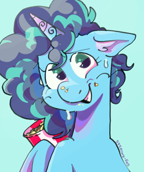 Size: 3280x3904 | Tagged: safe, artist:gay_smilesss, imported from derpibooru, pony, unicorn, female, floppy ears, food, g5, grin, mare, misty brightdawn, my little pony: make your mark, nervous, nervous grin, popcorn, simple background, smiling, that pony sure does love popcorn