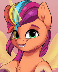 Size: 1600x1990 | Tagged: safe, artist:joaothejohn, imported from derpibooru, sunny starscout, alicorn, earth pony, pony, artificial horn, artificial wings, augmented, chest fluff, commission, cute, eye clipping through hair, g5, hooves, horn, looking at you, multicolored mane, my little pony: a new generation, race swap, simple background, smiling, solo, sunnycorn, wings