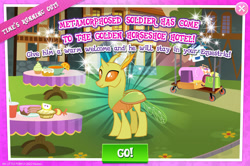 Size: 1954x1298 | Tagged: safe, imported from derpibooru, clypeus, changedling, changeling, background changeling, english, gameloft, my little pony: magic princess, official, solo, solo focus, text