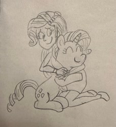 Size: 2473x2716 | Tagged: safe, imported from derpibooru, rarity, human, pony, unicorn, equestria girls, eyes closed, hug, human ponidox, self paradox, self ponidox, sketch, smiling, traditional art