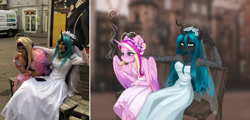 Size: 2670x1280 | Tagged: safe, artist:ijustmari, imported from derpibooru, princess cadance, queen chrysalis, alicorn, anthro, changeling, human, bench, blurry background, car, cellphone, cigarette, clothes, cosplay, costume, dress, duo, duo female, eating, female, floral head wreath, flower, food, gloves, hand on shoulder, horn, irl, irl human, jewelry, leaning forward, looking at you, looking away, makeup, multicolored hair, phone, photo, sandwich, sitting, smartphone, smoking, tiara, veil, wedding dress, white dress, window, wings, wristband