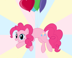 Size: 1250x1000 | Tagged: safe, artist:bjsampson, imported from derpibooru, pinkie pie, earth pony, pony, balloon, female, floating, grin, heart, heart balloon, looking at you, simple background, smiling, solo, sunburst background, then watch her balloons lift her up to the sky