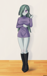 Size: 500x800 | Tagged: safe, artist:riouku, imported from derpibooru, marble pie, human, equestria girls, adorasexy, arm under breasts, blushing, boots, breasts, busty marble pie, clothes, commission, curvy, cute, equestria girls-ified, eyebrows, eyebrows visible through hair, female, hair over one eye, high heel boots, leggings, legs, marblebetes, sexy, shoes, solo, sweater, sweater dress, sweater puppies, thigh gap, thighs, turtleneck