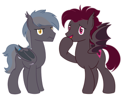 Size: 1200x1000 | Tagged: safe, artist:bjsampson, imported from derpibooru, oc, oc only, oc:watchful eye, oc:winter sky, bat pony, bat pony oc, covering mouth, duo, frown, looking at you, male, simple background, smiling, transparent background