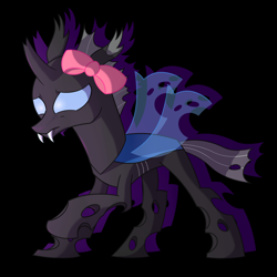 Size: 3000x3000 | Tagged: safe, artist:bjsampson, imported from derpibooru, oc, oc only, oc:base, changeling, nymph, black background, bow, changeling oc, fangs, female, nervous, raised hoof, scared, simple background, solo