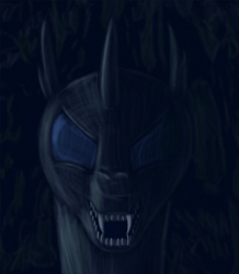 Size: 750x862 | Tagged: safe, artist:bjsampson, imported from derpibooru, changeling, dark, dark background, drone, fangs, looking at you, open mouth, sharp teeth, spooky, teeth