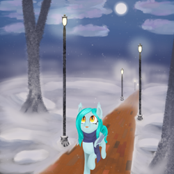 Size: 2000x2000 | Tagged: safe, artist:bjsampson, imported from derpibooru, oc, oc only, oc:claire de lune, bat pony, bricks, clothes, cloud, detailed background, female, fog, lamppost, moon, night, night sky, scarf, sky, snow, snowfall, solo, tongue out, tree