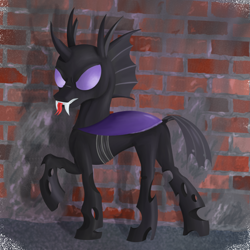 Size: 1200x1200 | Tagged: safe, artist:bjsampson, imported from derpibooru, oc, oc only, oc:saccu, changeling, asphalt, brick wall, changeling oc, fangs, hissing, looking back, male, purple changeling, raised leg, solo, tongue out