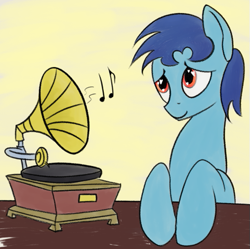 Size: 501x498 | Tagged: safe, artist:bjsampson, imported from derpibooru, oc, oc only, oc:swordy, earth pony, pony, listening to music, male, music, phonograph, smiling, solo