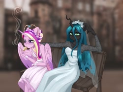 Size: 2405x1800 | Tagged: safe, artist:ijustmari, imported from derpibooru, princess cadance, queen chrysalis, alicorn, anthro, changeling, bench, blurry background, cigarette, clothes, dress, duo, duo female, eating, female, floral head wreath, flower, food, gloves, hand on shoulder, horn, jewelry, leaning forward, looking at you, looking away, makeup, multicolored hair, sandwich, sitting, smoking, tiara, veil, wedding dress, white dress, wings, wristband