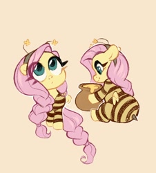 Size: 1642x1814 | Tagged: safe, artist:ijustmari, imported from derpibooru, fluttershy, pegasus, pony, animal costume, bee costume, beige background, braid, braided tail, clothes, costume, cute, eye clipping through hair, female, floppy ears, flutterbee, food, honey, looking at something, looking up, pot, shyabetes, simple background, sitting, small wings, smiling, solo, stinger, tail, wings