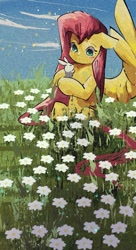 Size: 817x1497 | Tagged: safe, artist:lendftcn, imported from derpibooru, angel bunny, fluttershy, pegasus, pony, rabbit, animal, duo, female, field, film grain, floppy ears, flower field, holding a bunny, mare, smiling