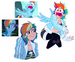 Size: 1843x1516 | Tagged: safe, artist:lazy-ale, imported from derpibooru, screencap, rainbow dash, human, pegasus, pony, daring don't, no second prances, abs, bandage, clothes, cutie mark on clothes, ear piercing, earring, faic, female, fit, grin, hoodie, humanized, jewelry, midriff, muscles, open mouth, piercing, pinpoint eyes, rainbow dash is best facemaker, rainbow dashs coaching whistle, scene interpretation, screencap reference, shocked, shorts, simple background, smiling, smirk, smug, smugdash, sports bra, stockings, thigh highs, tomboy, whistle, whistle necklace, white background, wide eyes, winged humanization, wings