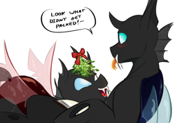 Size: 1902x1329 | Tagged: safe, artist:testostepone, imported from derpibooru, oc, oc only, oc:coxa, oc:mimesis, changeling, anisocoria, blushing, book, changeling oc, fangs, gay, horn, interrupted, male, mistletoe, no source available, red changeling, simple background, tongue out, white background, wings