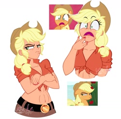 Size: 1584x1556 | Tagged: safe, artist:lazy-ale, imported from derpibooru, screencap, applejack, earth pony, human, pony, going to seed, the crystal empire, applejack's hat, belly button, belt, breasts, cleavage, cowboy hat, crossed arms, faic, female, front knot midriff, grumpy, hat, humanized, midriff, muscles, nail polish, open mouth, scene interpretation, screencap reference, shocked, simple background, white background, wide eyes