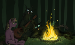 Size: 1874x1132 | Tagged: safe, artist:testostepone, imported from derpibooru, oc, oc only, oc:ace shot, oc:coxa, oc:mimesis, changeling, unicorn, anisocoria, campfire, changeling oc, fangs, female, forest, forest background, gay, guitar, looking at each other, looking at someone, lying down, lying on top of someone, male, musical instrument, no source available, playing instrument, red changeling, smiling