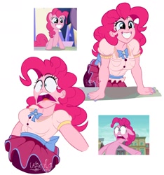 Size: 1682x1799 | Tagged: safe, artist:lazy-ale, imported from derpibooru, screencap, pinkie pie, earth pony, human, pony, the gift of the maud pie, the one where pinkie pie knows, bowtie, breasts, busty pinkie pie, clothes, cute, diapinkes, faic, female, grin, happy, humanized, open mouth, pinkie pie is best facemaker, scene interpretation, screencap reference, shocked, simple background, skirt, smiling, white background, wide eyes