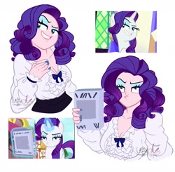 Size: 1433x1407 | Tagged: safe, artist:lazy-ale, imported from derpibooru, screencap, rarity, human, pony, unicorn, it isn't the mane thing about you, sparkle's seven, breasts, busty rarity, cleavage, eyeshadow, faic, female, grin, humanized, lipstick, makeup, nail polish, newspaper, pouting, rarity is not amused, scene interpretation, screencap reference, simple background, smiling, smirk, smug, unamused, white background