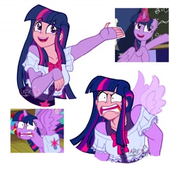 Size: 1516x1516 | Tagged: safe, artist:lazy-ale, imported from derpibooru, screencap, twilight sparkle, alicorn, human, pony, a trivial pursuit, angry, clothes, faic, female, happy, humanized, long sleeves, open mouth, open smile, pinpoint eyes, scene interpretation, screencap reference, simple background, smiling, this is trivia trot, twilight sparkle (alicorn), twilighting, white background