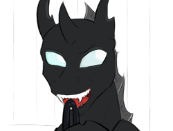 Size: 1154x878 | Tagged: safe, artist:testostepone, imported from derpibooru, oc, oc only, oc:coxa, changeling, anisocoria, cane, changeling oc, david bowie, fangs, no source available, open mouth, smiling, solo, tongue out
